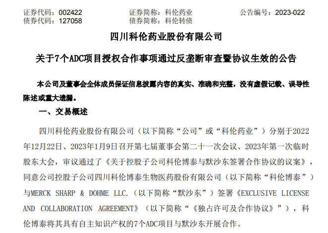 科伦药业子公司与默沙东协议生效<strong></p>
<p>hsr</strong>，7个ADC项目授权合作事项通过审查