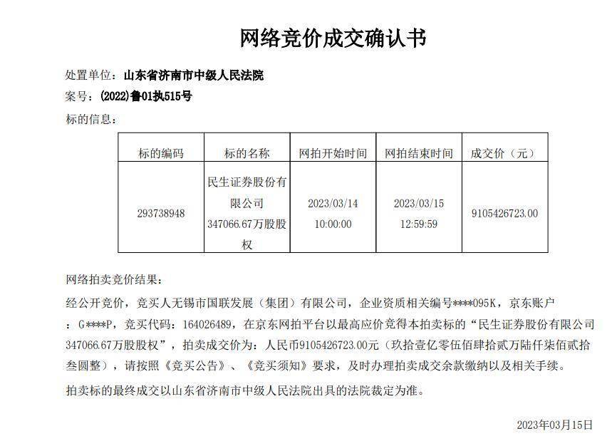竞价162次<strong></p>
<p>东吴证券官网</strong>，91.05亿落槌！国联集团入主民生证券，“泛海系”淡出